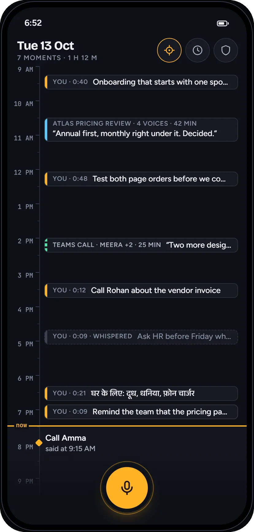 gaanote's day view: spoken notes and a meeting placed along a line of hours, with a large microphone button at the bottom.